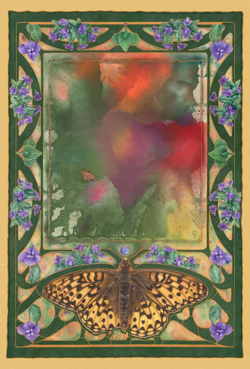 Detail of "A Delicate Balance", the Oregon Silverspot Butterfly painting by Calley O'Neill and Rama the elephant with Jeb Barsh, for The Rama Exhibition